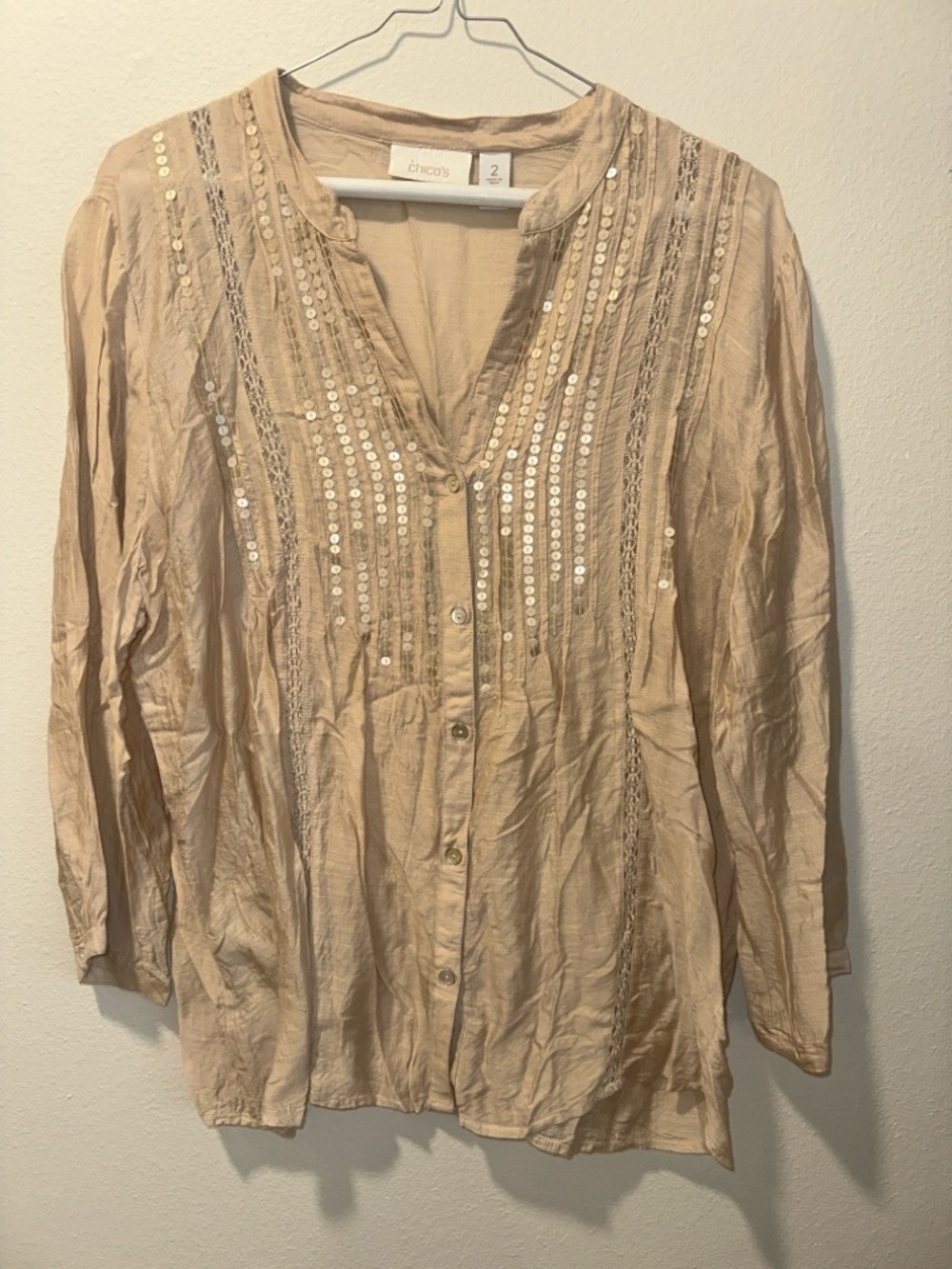 Chico's Nude-Beige Sequin Pintuck Button-Front Blouse